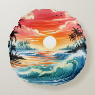 Japanese Ink Style Art Ocean Waves Sunset Palms Round Cushion
