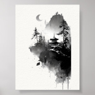 Japanese Ink Wash Zen Pagoda Landscape Poster