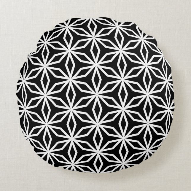 Japanese-Inspired Geometric Black and White  Round Cushion (Front)