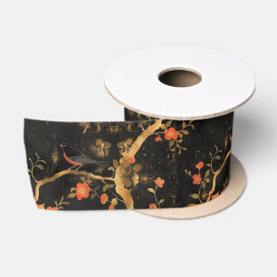 Japanese-inspired Golden Tree Branch & Blossoms Satin Ribbon