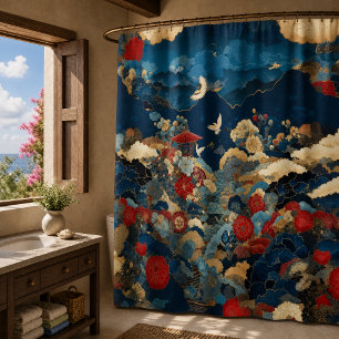 Japanese Inspired Luxury Bathroom Floral Art Shower Curtain
