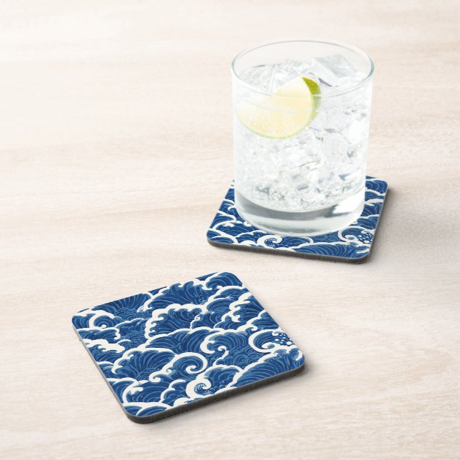 Japanese-Inspired Seamless Ocean Wave Pattern Coaster (Right Side)