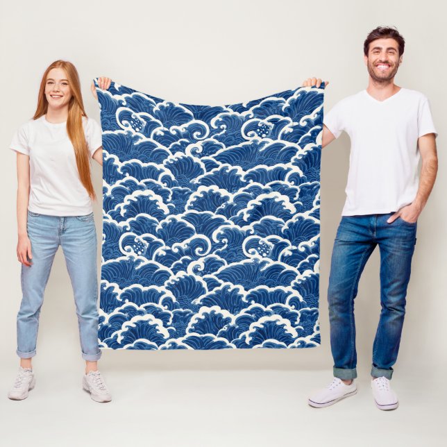Japanese-Inspired Seamless Ocean Wave Pattern Fleece Blanket (In Situ)