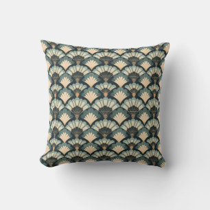Japanese-inspired Teal & Beige Fan Cushion