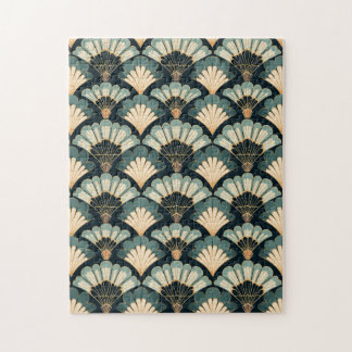 Japanese-inspired Teal & Beige Fan Jigsaw Puzzle