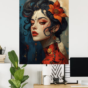 Japanese Inspired Woman Portrait Art Poster Bold
