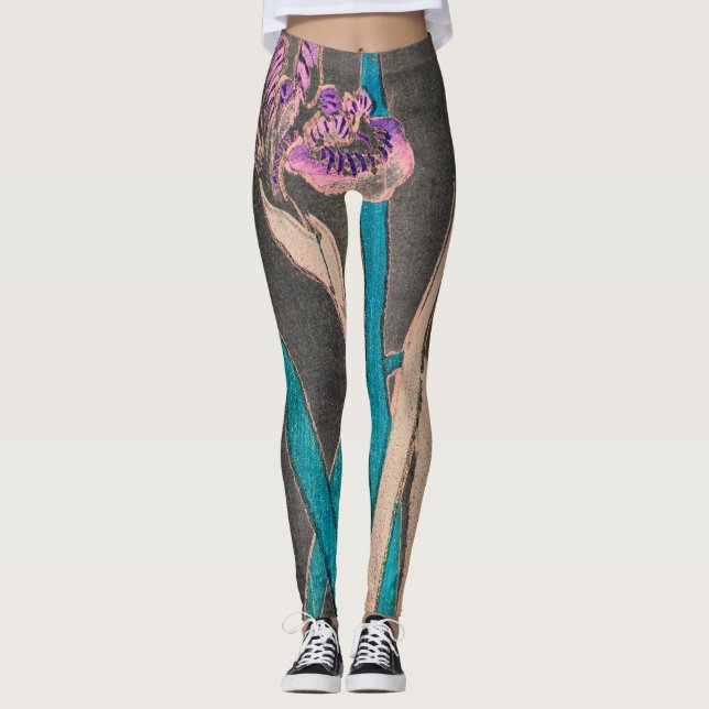 JAPANESE IRIS IN BLACK PRINTED Leggings (Front)