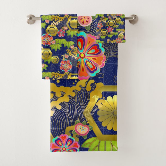 Japanese jurokugiku pattern bath towel set (Insitu)
