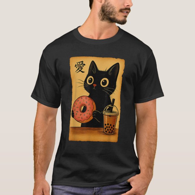 Japanese Kawaii Anime Cat Donut Booba Tea Cat Eati T-Shirt (Front)