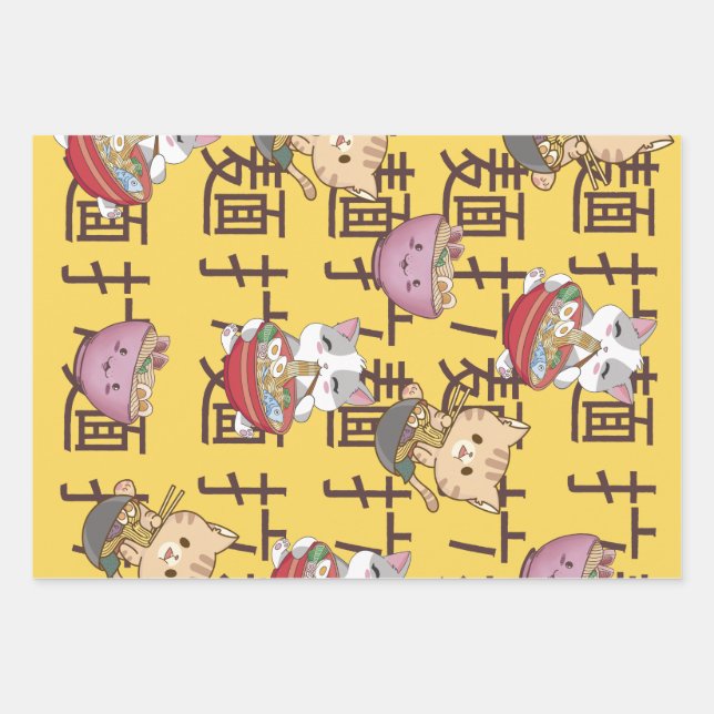 Japanese Kawaii Anime Cat Ramen Noodles Wrapping Paper Sheet (Front)