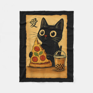 Japanese Kawaii Anime Cat Zza A Tea Cat Eating Zza Fleece Blanket