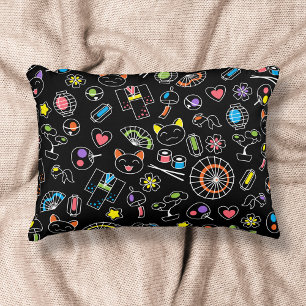 Japanese Kawaii Culture Doodles on Black Decorative Cushion