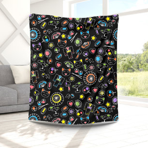 Japanese Kawaii Culture Doodles on Black Fleece Blanket
