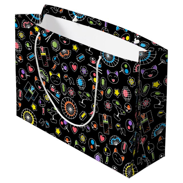 Japanese Kawaii Culture Doodles on Black Large Gift Bag (Back Angled)