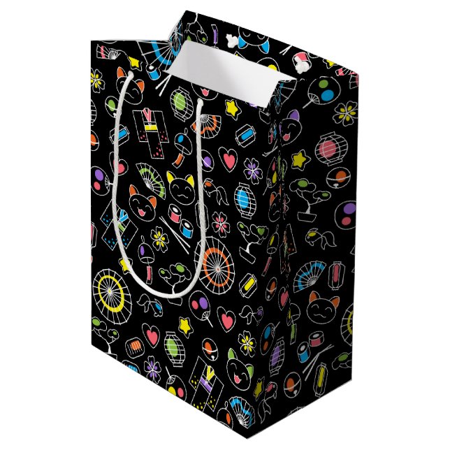 Japanese Kawaii Culture Doodles on Black Medium Gift Bag (Back Angled)