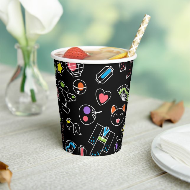 Japanese Kawaii Culture Doodles on Black Paper Cups (Insitu)