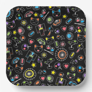 Japanese Kawaii Culture Doodles on Black Paper Plate
