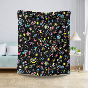 Japanese Kawaii Culture Doodles on Black Sherpa Blanket