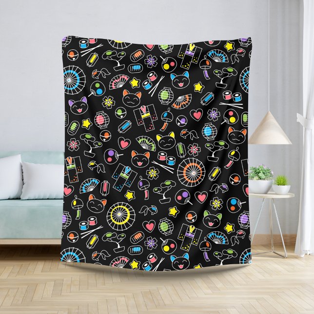 Japanese Kawaii Culture Doodles on Black Sherpa Blanket (Creator Uploaded)