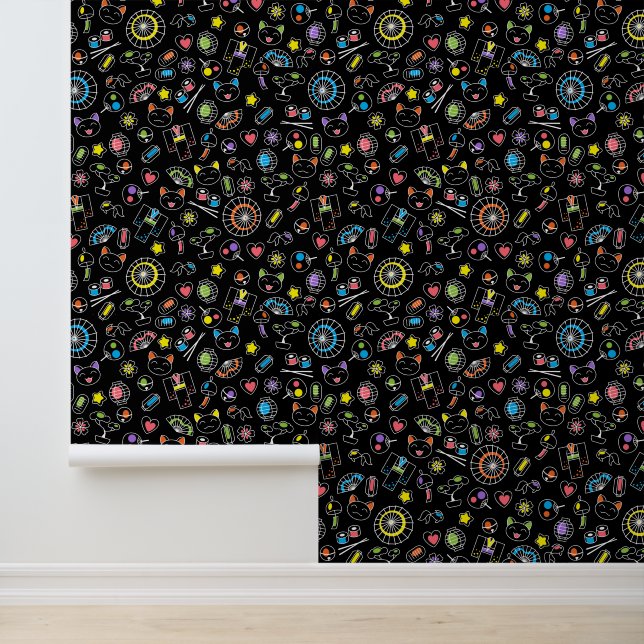 Japanese Kawaii Culture Doodles on Black Wallpaper (Application)
