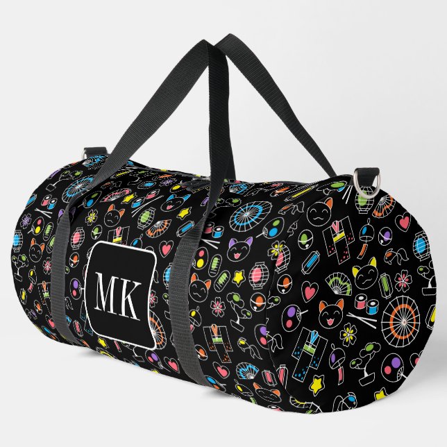 Japanese Kawaii Doodles on Black Monogram Initials Duffle Bag (Left Corner)