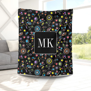 Japanese Kawaii Doodles on Black Monogram Initials Fleece Blanket