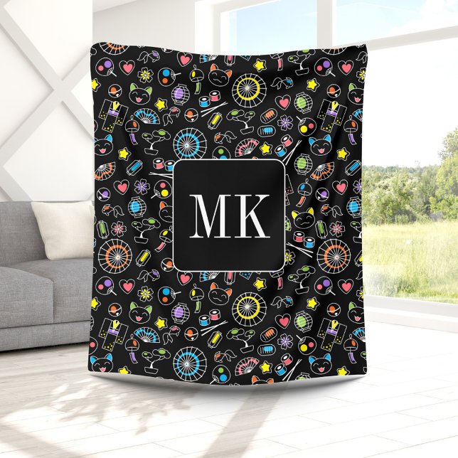 Japanese Kawaii Doodles on Black Monogram Initials Fleece Blanket (Creator Uploaded)