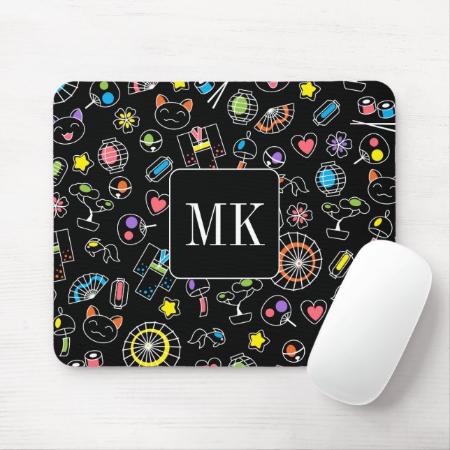 Japanese Kawaii Doodles on Black Monogram Initials Mouse Pad (With Mouse)