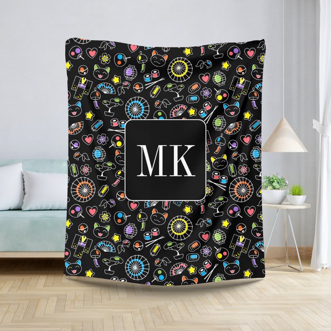 Japanese Kawaii Doodles on Black Monogram Initials Sherpa Blanket (Creator Uploaded)