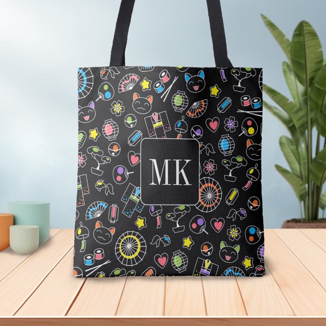 Japanese Kawaii Doodles on Black Monogram Initials Tote Bag (Creator Uploaded)