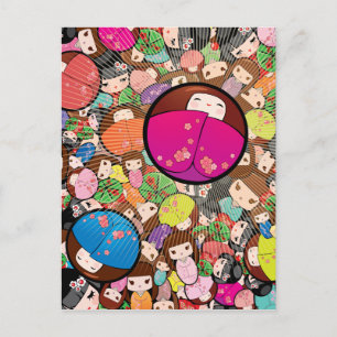 Japanese Kawaii Kokeshi Dolls Postcard