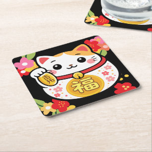 Japanese Kawaii maneki lucky cat Square Paper Coaster