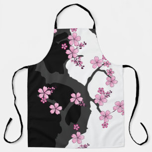 Japanese Kimono Black and White Pink Sakura Apron