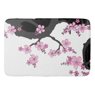 Japanese Kimono Black and White Pink Sakura Bath Mat