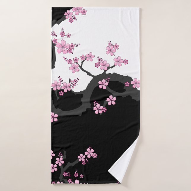 Japanese Kimono Black and White Pink Sakura Bath Towel (Bath Towel)
