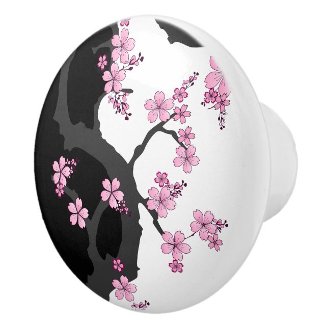 Japanese Kimono Black and White Pink Sakura Ceramic Knob (Right)