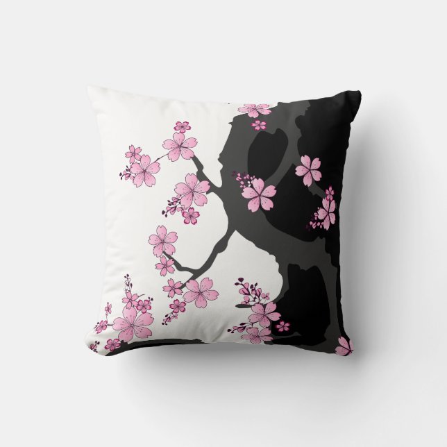Japanese Kimono Black and White Pink Sakura Cushion (Front)