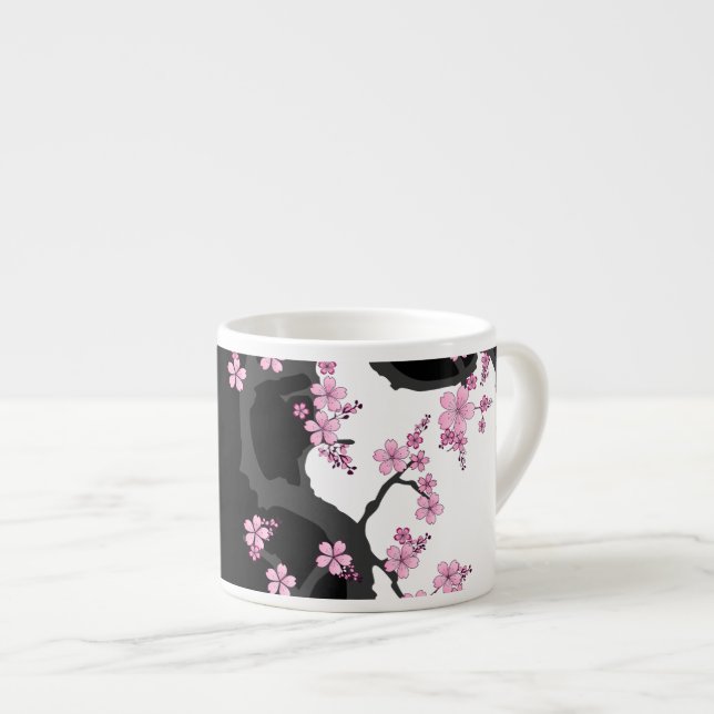 Japanese Kimono Black and White Pink Sakura Espresso Cup (Front Right)