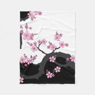 Japanese Kimono Black and White Pink Sakura Fleece Blanket