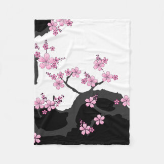 Japanese Kimono Black and White Pink Sakura Fleece Blanket