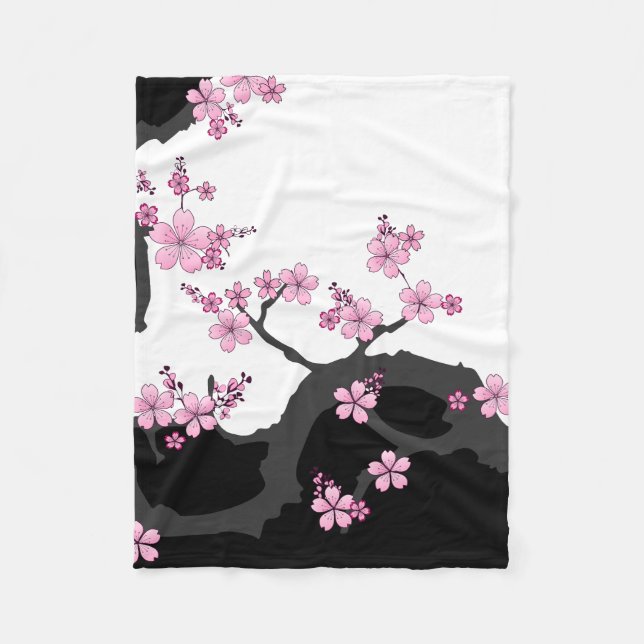 Japanese Kimono Black and White Pink Sakura Fleece Blanket (Front)