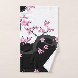 Japanese Kimono Black and White Pink Sakura Hand Towel