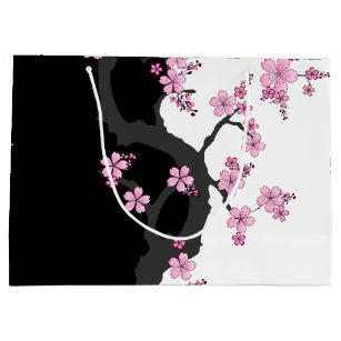 Japanese Kimono Black and White Pink Sakura Large Gift Bag