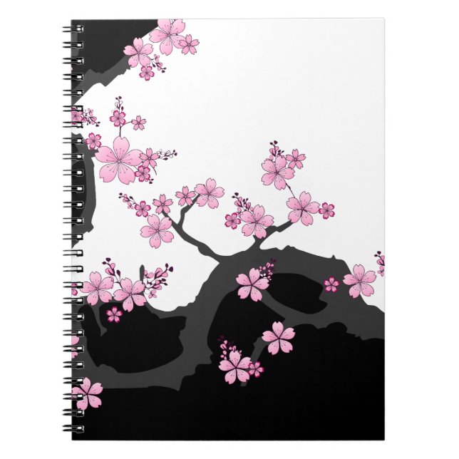 Japanese Kimono Black and White Pink Sakura Notebook (Front)