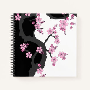 Japanese Kimono Black and White Pink Sakura Notebook