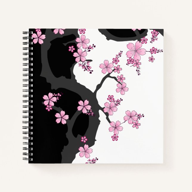 Japanese Kimono Black and White Pink Sakura Notebook (Front)