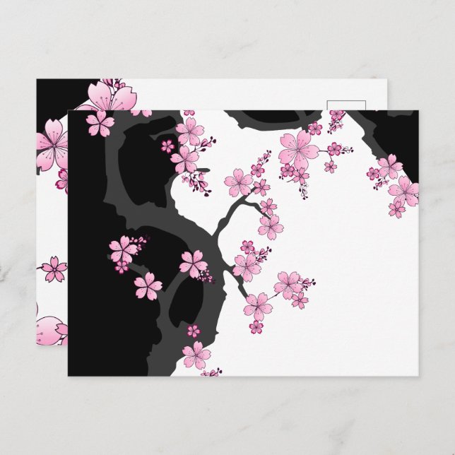 Japanese Kimono Black and White Pink Sakura Postcard (Front/Back)
