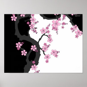 Japanese Kimono Black and White Pink Sakura Poster