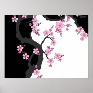 Japanese Kimono Black and White Pink Sakura Poster