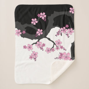 Japanese Kimono Black and White Pink Sakura Sherpa Blanket